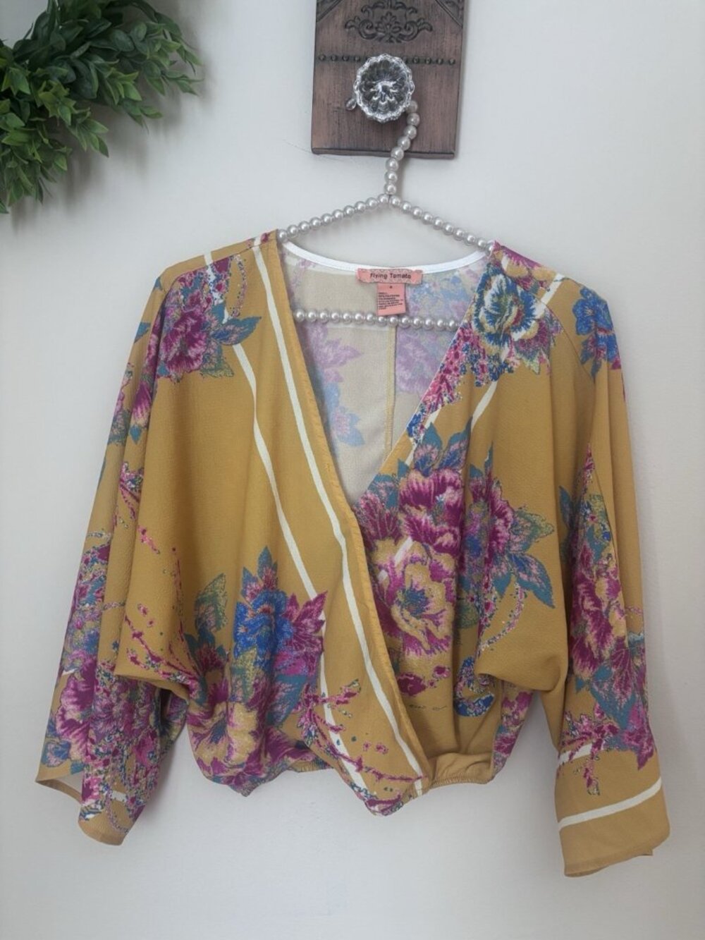 Flying Tomato Womens Size S Yellow Floral Cropped Top 3/4 Sleeve Faux Wrap